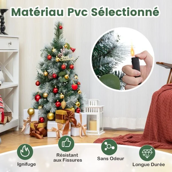 Sapin de Noël Artificiel Pré-éclairé 90cm Décoration de Table 98 Aiguilles de Pin Floquées Baies Pommes de Pin 30 Lumières LED Blanc Chaud