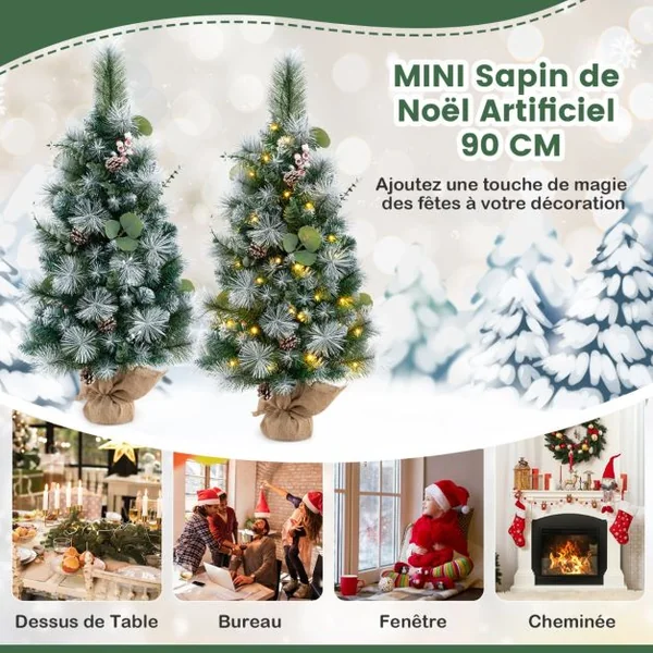 Sapin de Noël Artificiel Pré-éclairé 90cm Décoration de Table 98 Aiguilles de Pin Floquées Baies Pommes de Pin 30 Lumières LED Blanc Chaud