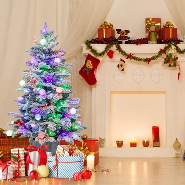 Sapin de Noël Artificiel Pré-éclairé de 100cm en Pot Floqué de Neige 148 Pointes en PVC et PE 80 Lumières LED Colorées