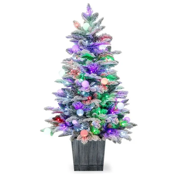 Sapin de Noël Artificiel Pré-éclairé de 100cm en Pot Floqué de Neige 148 Pointes en PVC et PE 80 Lumières LED Colorées