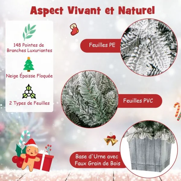 Sapin de Noël Artificiel Pré-éclairé de 100cm en Pot Floqué de Neige 148 Pointes en PVC et PE 80 Lumières LED Colorées