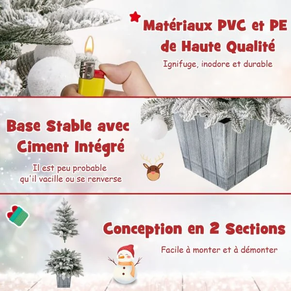 Sapin de Noël Artificiel Pré-éclairé de 100cm en Pot Floqué de Neige 148 Pointes en PVC et PE 80 Lumières LED Colorées