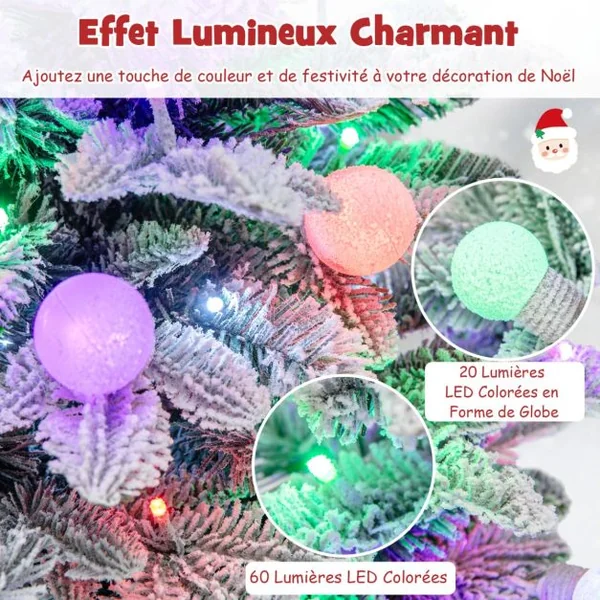 Sapin de Noël Artificiel Pré-éclairé de 100cm en Pot Floqué de Neige 148 Pointes en PVC et PE 80 Lumières LED Colorées