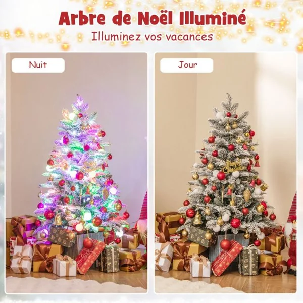 Sapin de Noël Artificiel Pré-éclairé de 100cm en Pot Floqué de Neige 148 Pointes en PVC et PE 80 Lumières LED Colorées