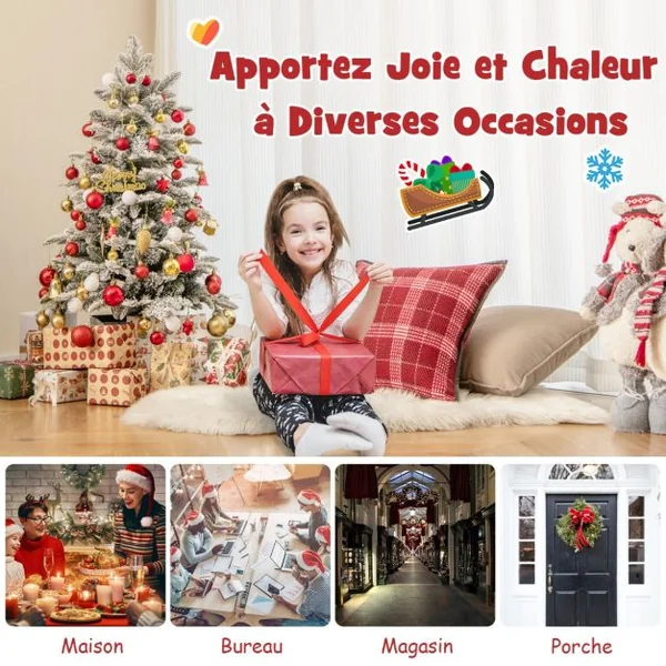 Sapin de Noël Artificiel Pré-éclairé de 100cm en Pot Floqué de Neige 148 Pointes en PVC et PE 80 Lumières LED Colorées