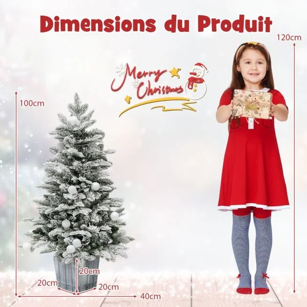 Sapin de Noël Artificiel Pré-éclairé de 100cm en Pot Floqué de Neige 148 Pointes en PVC et PE 80 Lumières LED Colorées