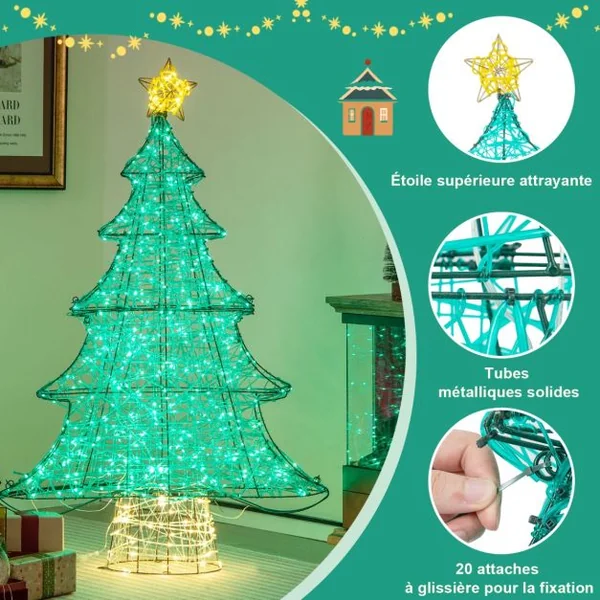Sapin de Noël Artificiel Pré-éclairé de 123 cm Décoration de Noël en Tuyau avec 520 LED Étoile au Sommet Guirlande Lumineuse Étanche