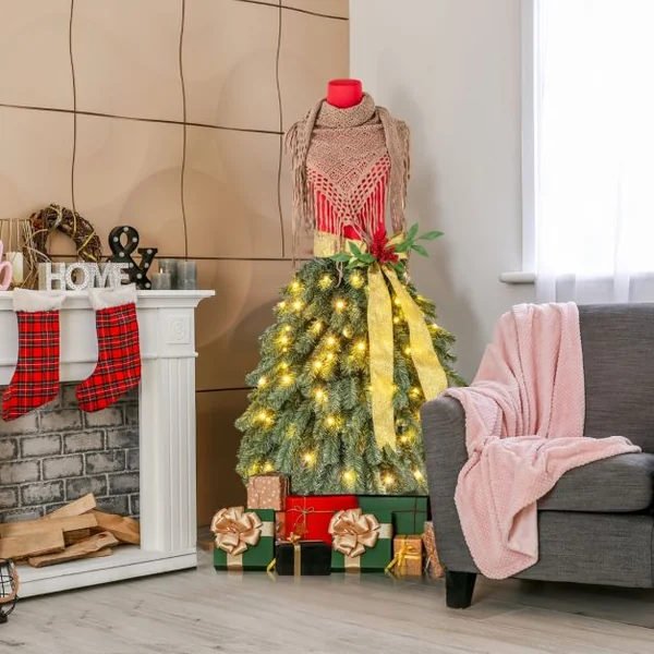 Sapin de Noël Artificiel Pré-éclairé de 150 cm en Forme de Jupe de Mannequin 248 Pointes de Branches 100 LED Blanc Chaud Baies Rouges