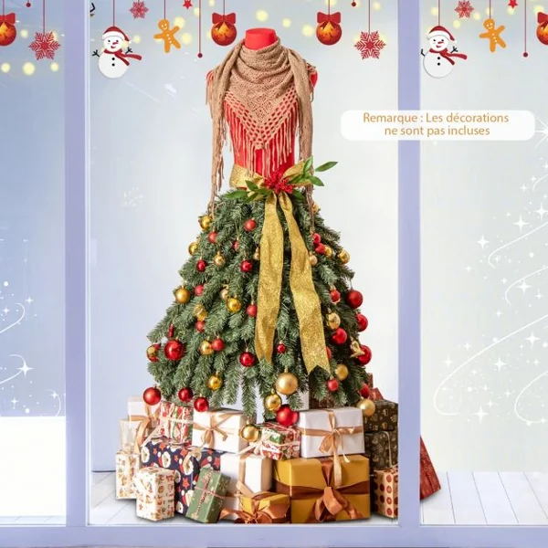 Sapin de Noël Artificiel Pré-éclairé de 150 cm en Forme de Jupe de Mannequin 248 Pointes de Branches 100 LED Blanc Chaud Baies Rouges