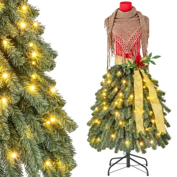 Sapin de Noël Artificiel Pré-éclairé de 150 cm en Forme de Jupe de Mannequin 248 Pointes de Branches 100 LED Blanc Chaud Baies Rouges