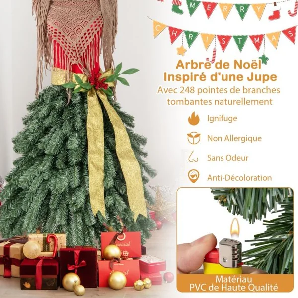 Sapin de Noël Artificiel Pré-éclairé de 150 cm en Forme de Jupe de Mannequin 248 Pointes de Branches 100 LED Blanc Chaud Baies Rouges