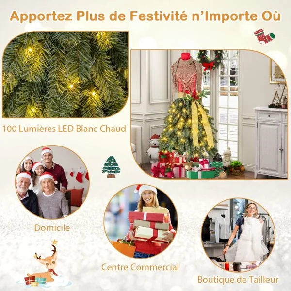 Sapin de Noël Artificiel Pré-éclairé de 150 cm en Forme de Jupe de Mannequin 248 Pointes de Branches 100 LED Blanc Chaud Baies Rouges