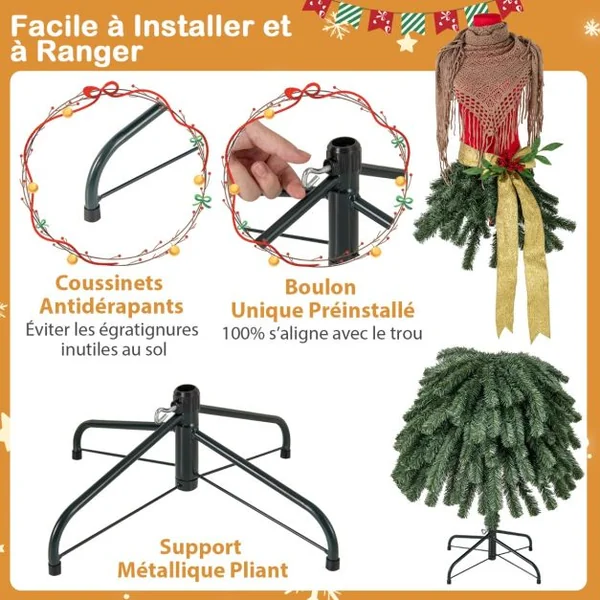 Sapin de Noël Artificiel Pré-éclairé de 150 cm en Forme de Jupe de Mannequin 248 Pointes de Branches 100 LED Blanc Chaud Baies Rouges