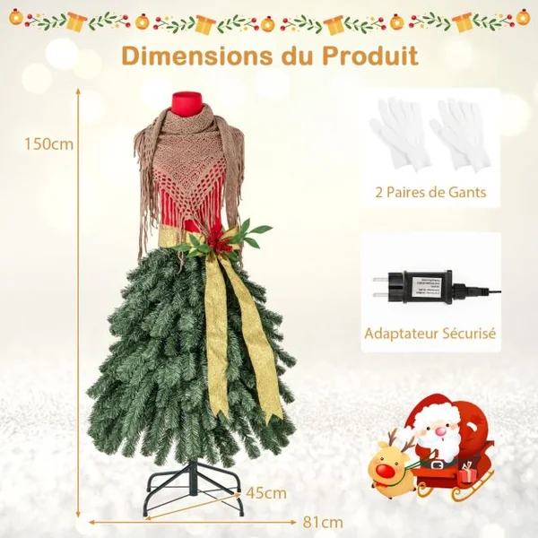 Sapin de Noël Artificiel Pré-éclairé de 150 cm en Forme de Jupe de Mannequin 248 Pointes de Branches 100 LED Blanc Chaud Baies Rouges