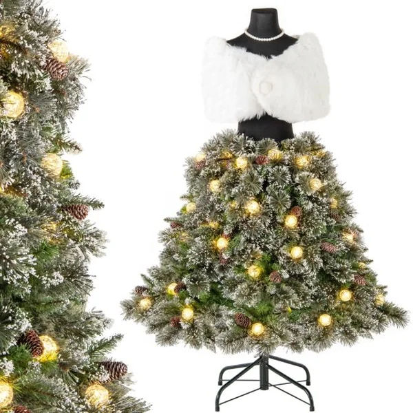 Sapin de Noël Artificiel Pré-éclairé de 150 cm en Forme de Jupe de Mannequin 465 Pointes de Branches 50 Boules LED 36 Pommes de Pin