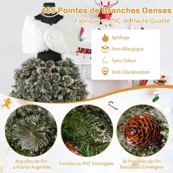 Sapin de Noël Artificiel Pré-éclairé de 150 cm en Forme de Jupe de Mannequin 465 Pointes de Branches 50 Boules LED 36 Pommes de Pin