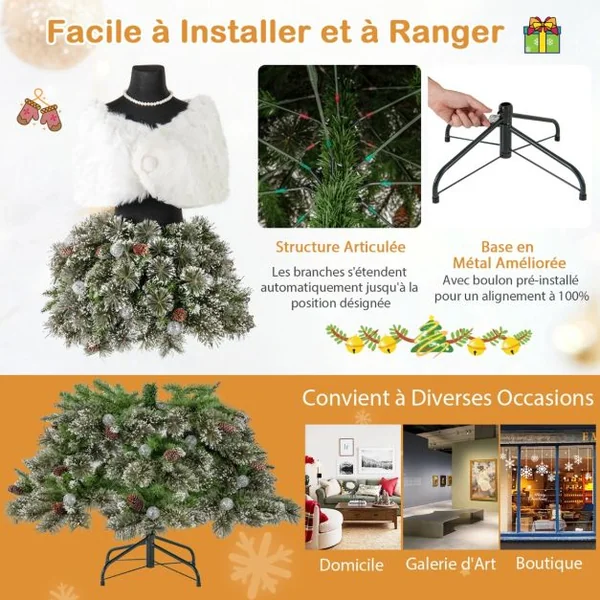 Sapin de Noël Artificiel Pré-éclairé de 150 cm en Forme de Jupe de Mannequin 465 Pointes de Branches 50 Boules LED 36 Pommes de Pin