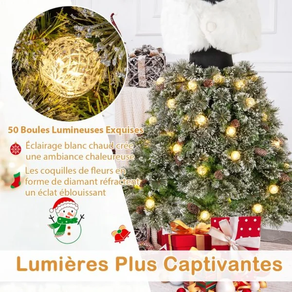 Sapin de Noël Artificiel Pré-éclairé de 150 cm en Forme de Jupe de Mannequin 465 Pointes de Branches 50 Boules LED 36 Pommes de Pin