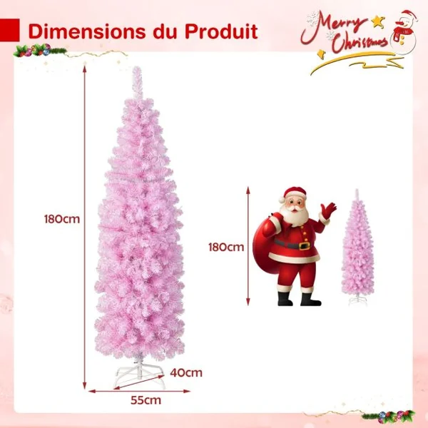 Sapin de Noël Artificiel Pré-éclairé Rose 180 cm 475 Pointes de Branches 250 Lumières LED Blanc Froid Forme Crayon Support Arbre de Noël en Métal Pliable