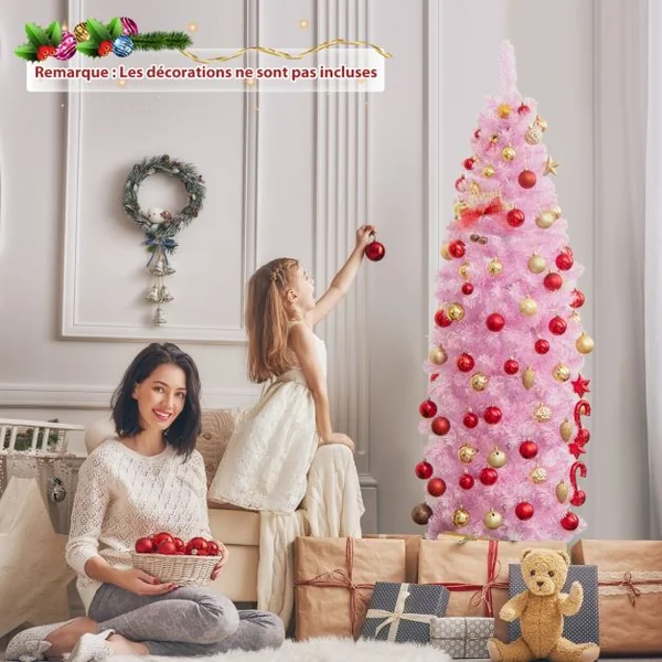 Sapin de Noël Artificiel Pré-éclairé Rose 180 cm 475 Pointes de Branches 250 Lumières LED Blanc Froid Forme Crayon Support Arbre de Noël en Métal Pliable