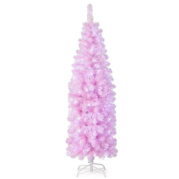 Sapin de Noël Artificiel Pré-éclairé Rose 180 cm 475 Pointes de Branches 250 Lumières LED Blanc Froid Forme Crayon Support Arbre de Noël en Métal Pliable