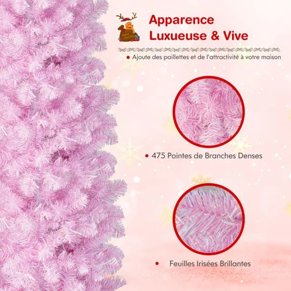 Sapin de Noël Artificiel Pré-éclairé Rose 180 cm 475 Pointes de Branches 250 Lumières LED Blanc Froid Forme Crayon Support Arbre de Noël en Métal Pliable