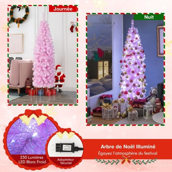 Sapin de Noël Artificiel Pré-éclairé Rose 180 cm 475 Pointes de Branches 250 Lumières LED Blanc Froid Forme Crayon Support Arbre de Noël en Métal Pliable