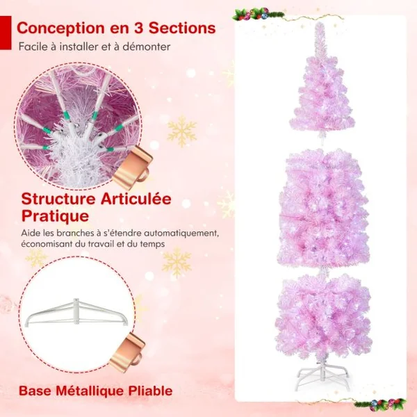 Sapin de Noël Artificiel Pré-éclairé Rose 180 cm 475 Pointes de Branches 250 Lumières LED Blanc Froid Forme Crayon Support Arbre de Noël en Métal Pliable