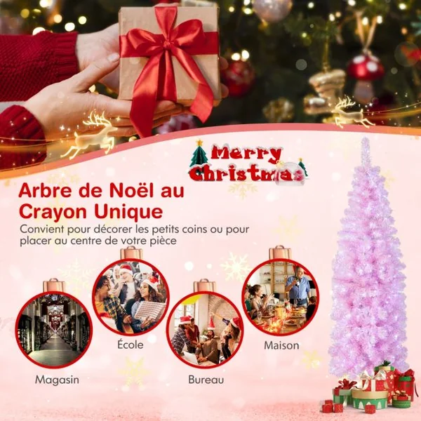 Sapin de Noël Artificiel Pré-éclairé Rose 180 cm 475 Pointes de Branches 250 Lumières LED Blanc Froid Forme Crayon Support Arbre de Noël en Métal Pliable
