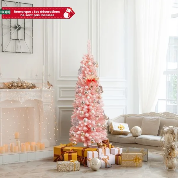 Sapin de Noël Artificiel Rose 150 cm Arbre de Noël Floqué de Neige 328 Branches Support en Métal Pliable Sapin en Forme de Crayon