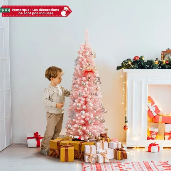 Sapin de Noël Artificiel Rose 150 cm Arbre de Noël Floqué de Neige 328 Branches Support en Métal Pliable Sapin en Forme de Crayon