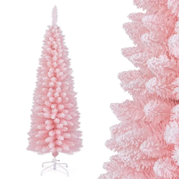 Sapin de Noël Artificiel Rose 150 cm Arbre de Noël Floqué de Neige 328 Branches Support en Métal Pliable Sapin en Forme de Crayon