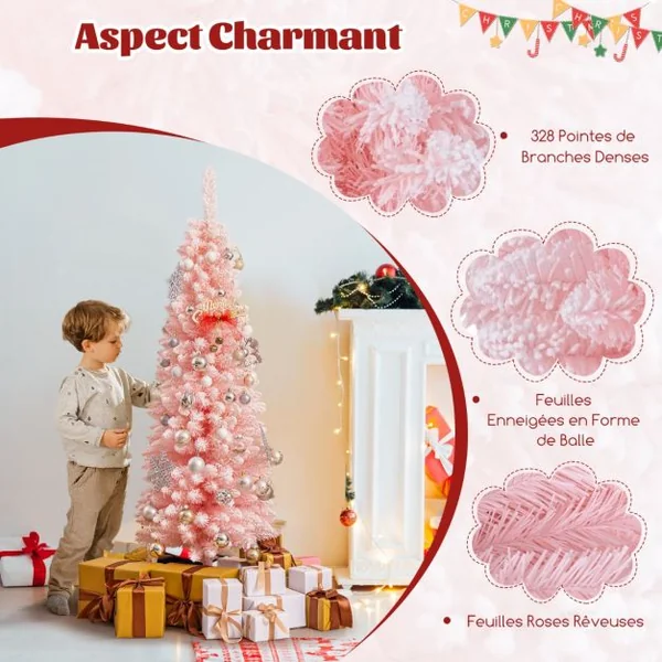 Sapin de Noël Artificiel Rose 150 cm Arbre de Noël Floqué de Neige 328 Branches Support en Métal Pliable Sapin en Forme de Crayon