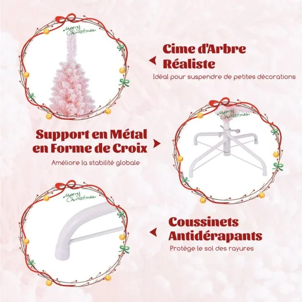 Sapin de Noël Artificiel Rose 150 cm Arbre de Noël Floqué de Neige 328 Branches Support en Métal Pliable Sapin en Forme de Crayon