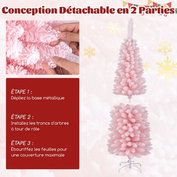 Sapin de Noël Artificiel Rose 150 cm Arbre de Noël Floqué de Neige 328 Branches Support en Métal Pliable Sapin en Forme de Crayon