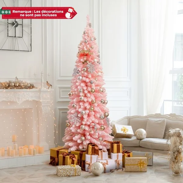 Sapin de Noël Artificiel Rose 180 cm Arbre de Noël Floqué de Neige 460 Branches Support en Métal Pliable Sapin en Forme de Crayon