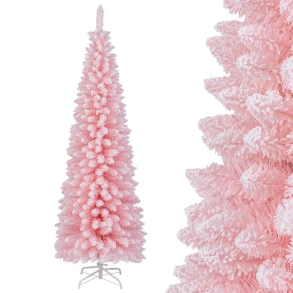 Sapin de Noël Artificiel Rose 180 cm Arbre de Noël Floqué de Neige 460 Branches Support en Métal Pliable Sapin en Forme de Crayon