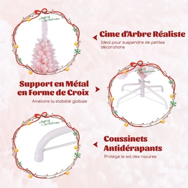 Sapin de Noël Artificiel Rose 180 cm Arbre de Noël Floqué de Neige 460 Branches Support en Métal Pliable Sapin en Forme de Crayon