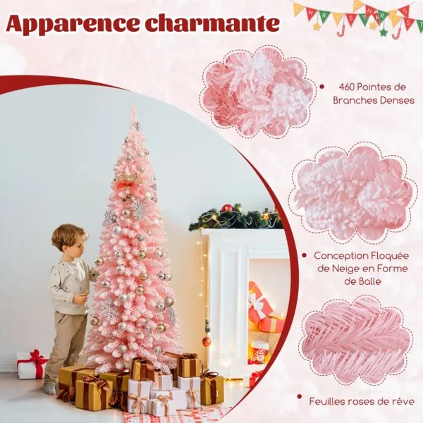 Sapin de Noël Artificiel Rose 180 cm Arbre de Noël Floqué de Neige 460 Branches Support en Métal Pliable Sapin en Forme de Crayon