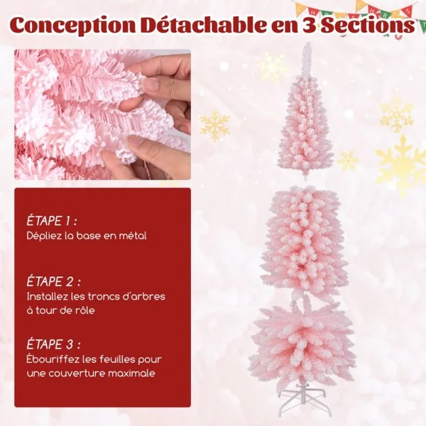 Sapin de Noël Artificiel Rose 180 cm Arbre de Noël Floqué de Neige 460 Branches Support en Métal Pliable Sapin en Forme de Crayon