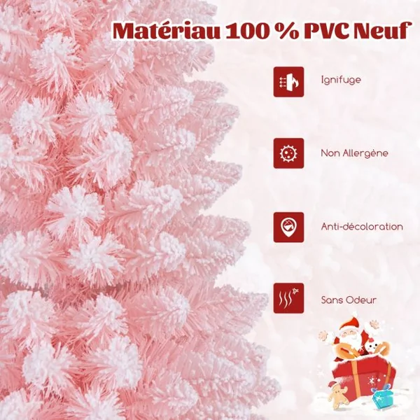 Sapin de Noël Artificiel Rose 180 cm Arbre de Noël Floqué de Neige 460 Branches Support en Métal Pliable Sapin en Forme de Crayon