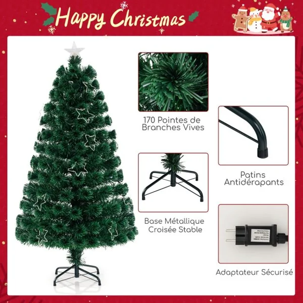 Sapin de Noël Artificiel à Fibre Optique de 120/150/180cm Guirlande Lumineuse 18/24/36 Lumières Blanches Chaudes 130/170/230 Pointes de Branches Etoile