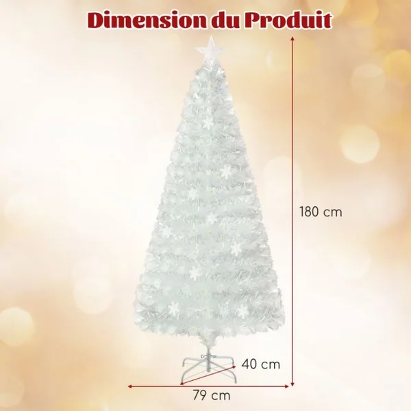 Sapin de Noël Artificiel à Fibre Optique Pré-Éclairé 120/150/180/210cm Blanc avec Feuilles Irisées Lumières Led Flocon De Neige Multicolores