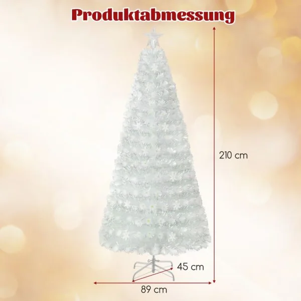 Sapin de Noël Artificiel à Fibre Optique Pré-Éclairé 120/150/180/210cm Blanc avec Feuilles Irisées Lumières Led Flocon De Neige Multicolores