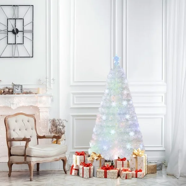 Sapin de Noël Artificiel à Fibre Optique Pré-Éclairé 120/150/180/210cm Blanc avec Feuilles Irisées Lumières Led Flocon De Neige Multicolores