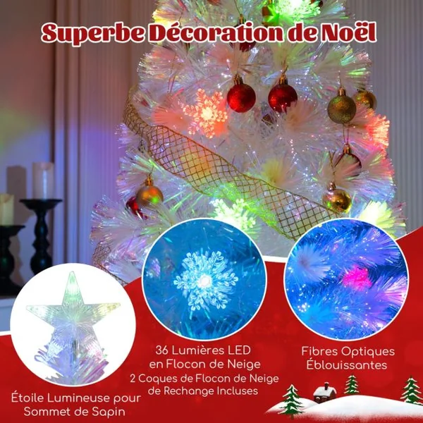 Sapin de Noël Artificiel à Fibre Optique Pré-Éclairé 120/150/180/210cm Blanc avec Feuilles Irisées Lumières Led Flocon De Neige Multicolores