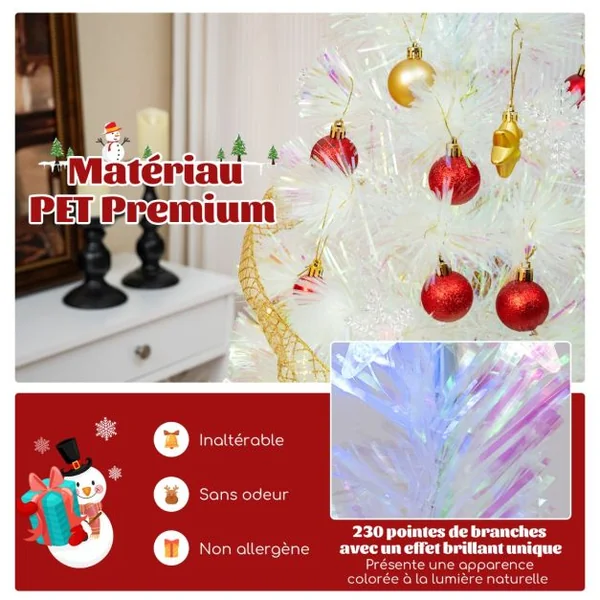 Sapin de Noël Artificiel à Fibre Optique Pré-Éclairé 120/150/180/210cm Blanc avec Feuilles Irisées Lumières Led Flocon De Neige Multicolores