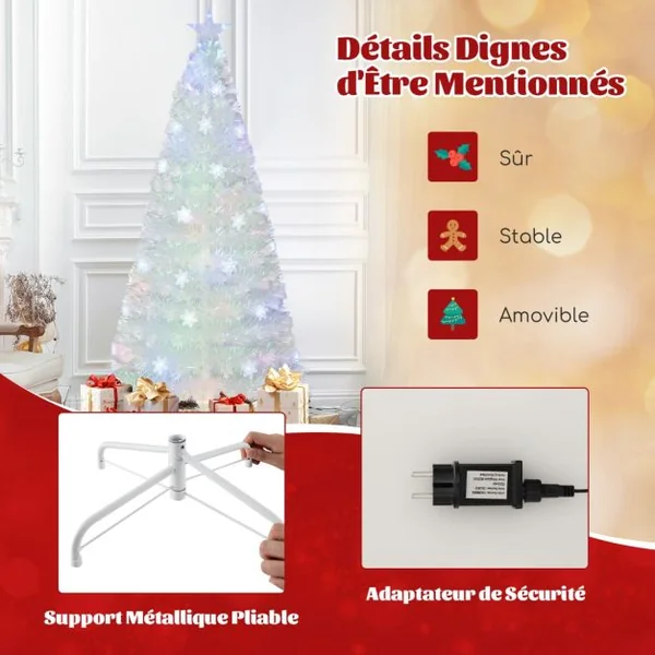 Sapin de Noël Artificiel à Fibre Optique Pré-Éclairé 120/150/180/210cm Blanc avec Feuilles Irisées Lumières Led Flocon De Neige Multicolores