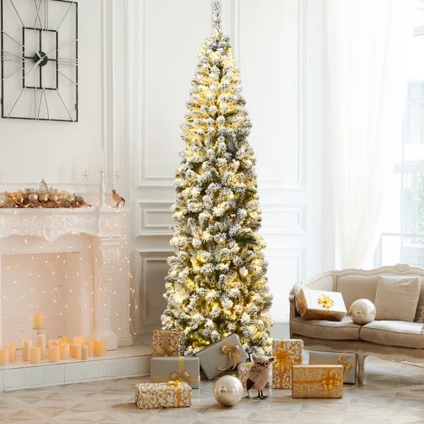 Sapin de Noël Artificiel à Flocons de Neige LED 225CM à Charnières avec 350 Lumières Aiguilles en PVC Support Métallique