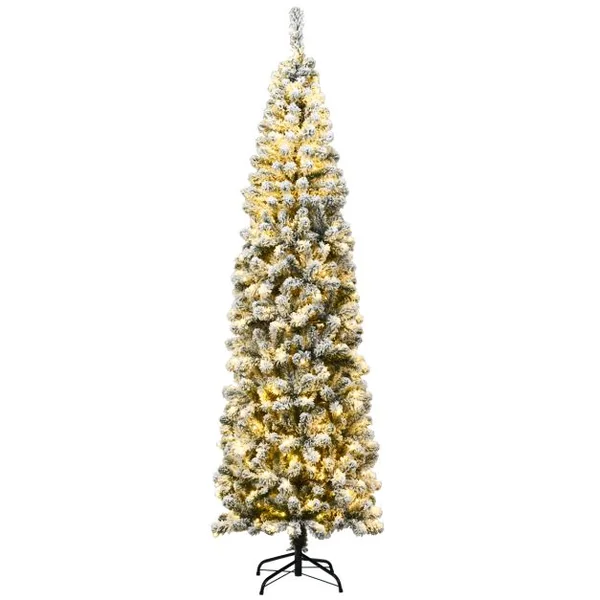 Sapin de Noël Artificiel à Flocons de Neige LED 225CM à Charnières avec 350 Lumières Aiguilles en PVC Support Métallique